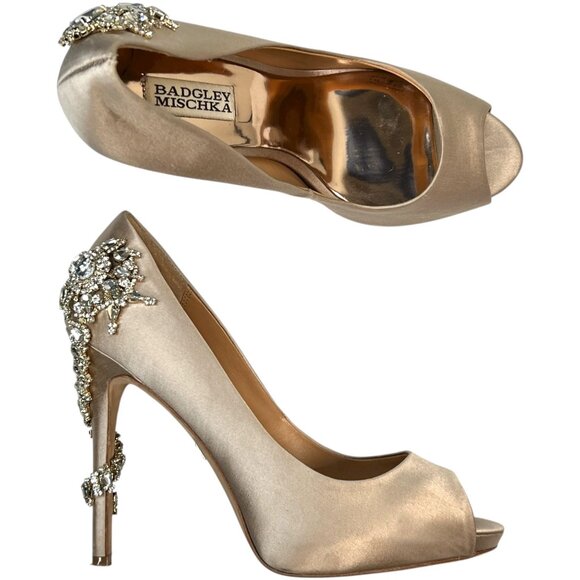 Badgley Mischka Royal Heels Jewel Embellished Satin Peep Toe Champagne 9 - Picture 3 of 16